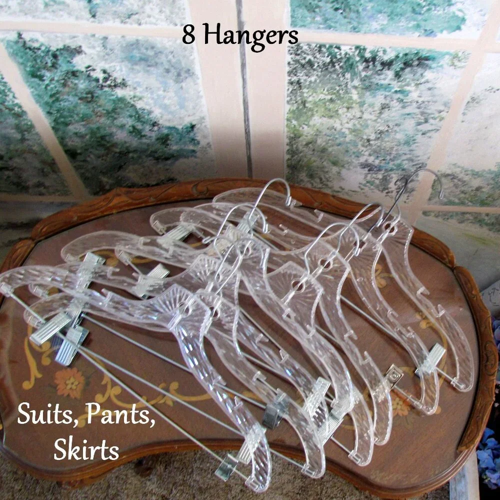 8 HANGERS w CLIPS for SUITS, JACKETS, SKIRTS, PANTS, OUTFITS, COSTUMES, SCARVES